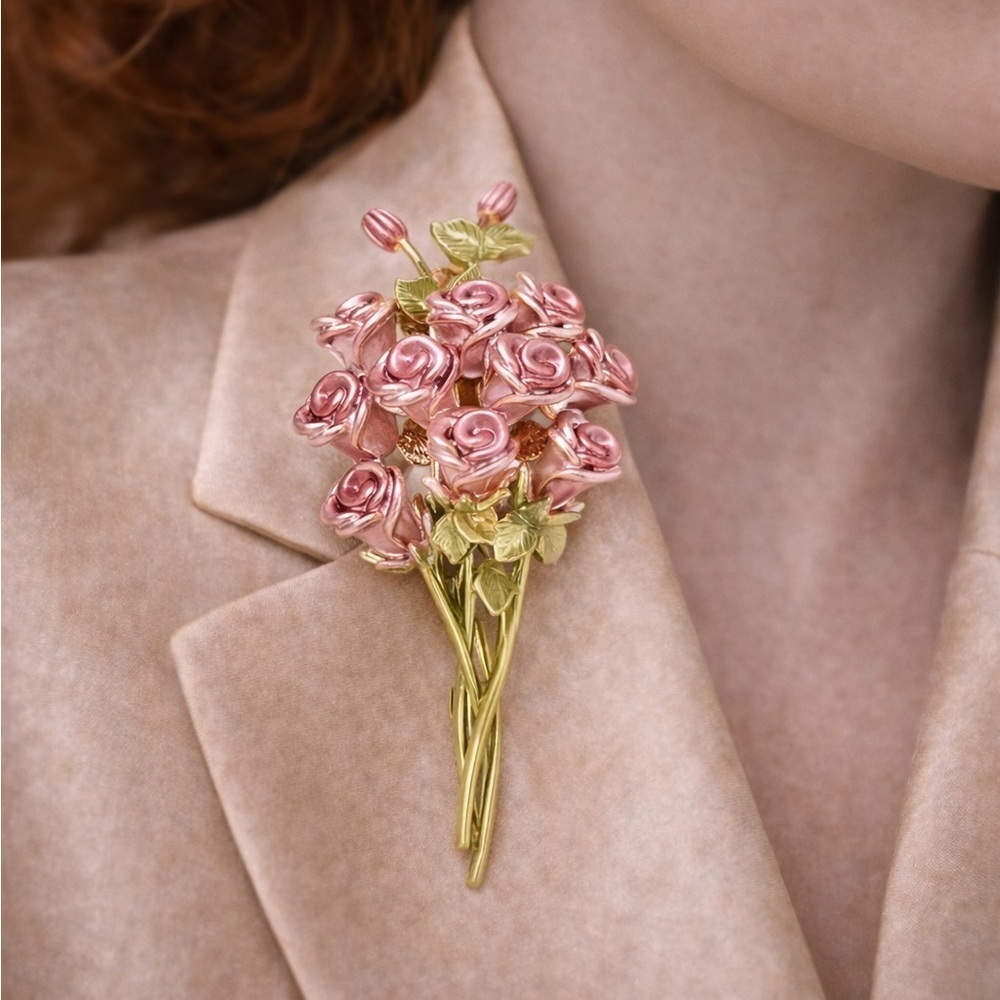 Pink Rose Bouquet Gold  Brooch - Picture 2 of 5